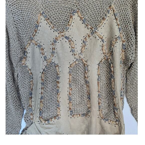 Vintage 80's Norma Canada Crochet & Leather Patch Sweater Sheer Tan SEE Measure - Picture 4 of 11